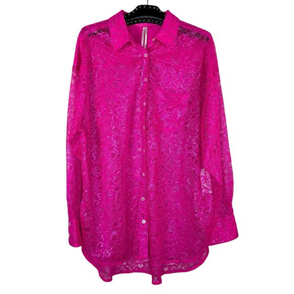 Anthropologie Pink Metallic Lace Button Down Shirt 1X NWT - Picture 14 of 15